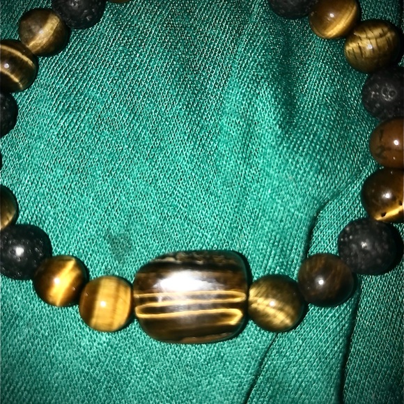Gold Tiger’s Eye Genuine Semi-precious Gemstone Bracelet w/ volcanic lava beads - Picture 2 of 5